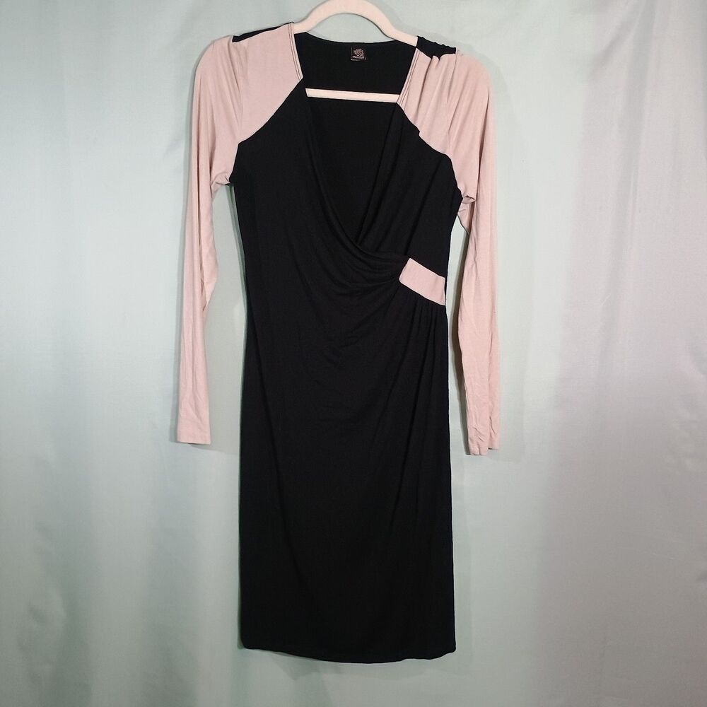 Women's Black Pink Body con Dress Ruched Wrap Style Long Sleeve Midi Dress